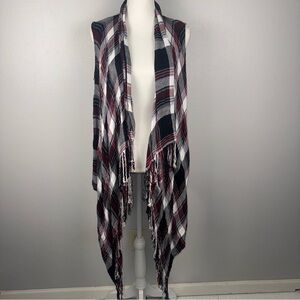 Altar'd State M Red Black Plaid Sleeveless Cardigan Fringe Rustic Boho Grunge